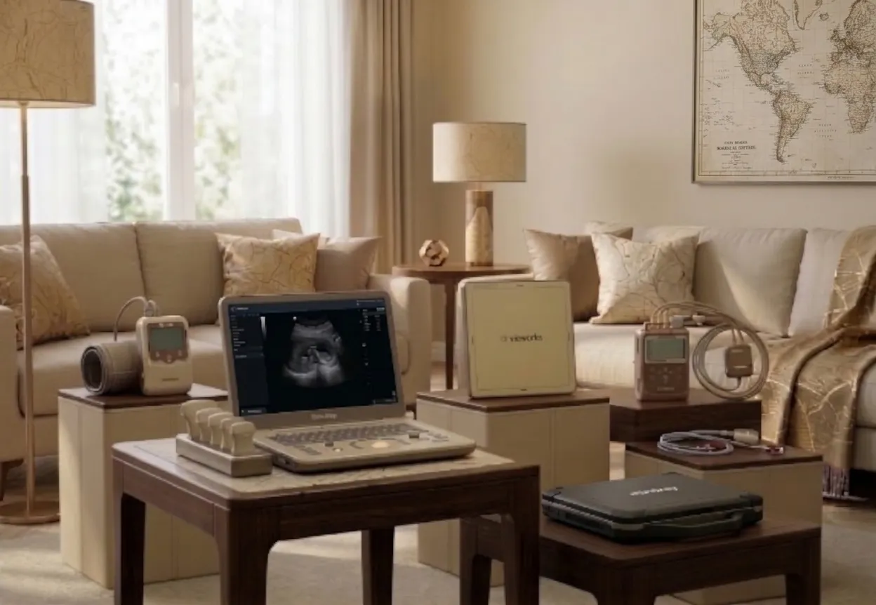 SCANOVA portable equipment for home visits: a portable ultrasound system with probes, a Vieworks digital X-ray detector, and Holter and 24-hour blood pressure recorders in a living room